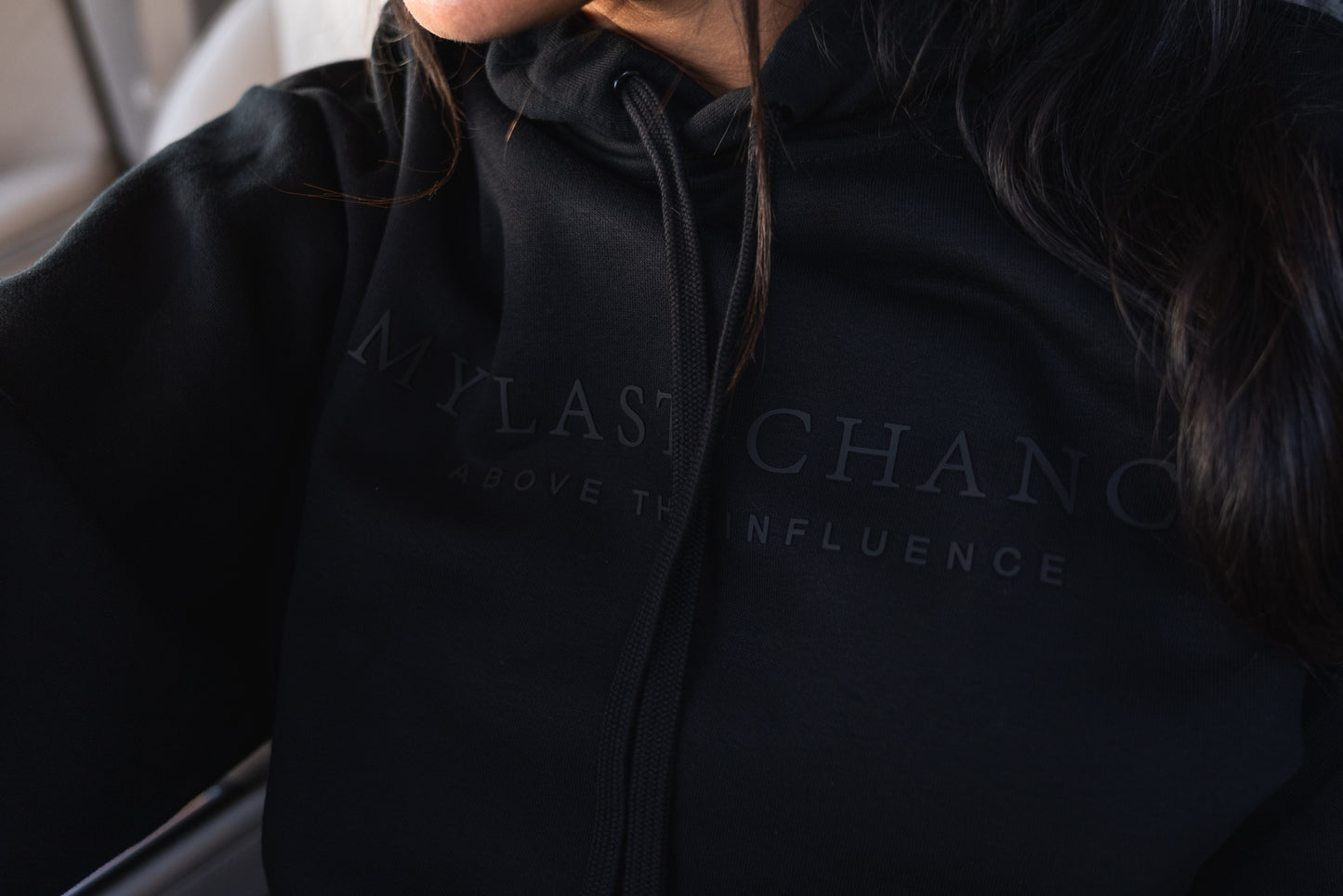 My Last Chance Hoodie - Black Pullover with Front Pocket Hooded Design 3D Silicone Print 80% Cotton 20% Recycled Polyester